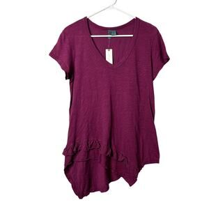 Anthropologie Tee Women Small Purple V Neck Ruffle Hem Cotton Asymmetrical